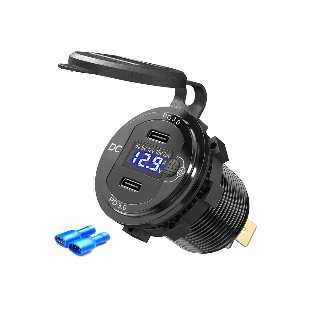 90W Dual PD USB-C Car Charger Socket with LED Voltmeter, Fast Charging for 12-24V Vehicles, Marine, RV, Motorcycle