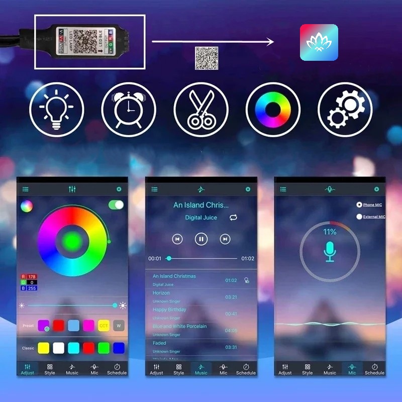 RGB LED strip with remote control and Bluetooth mobile control (3m, type A)