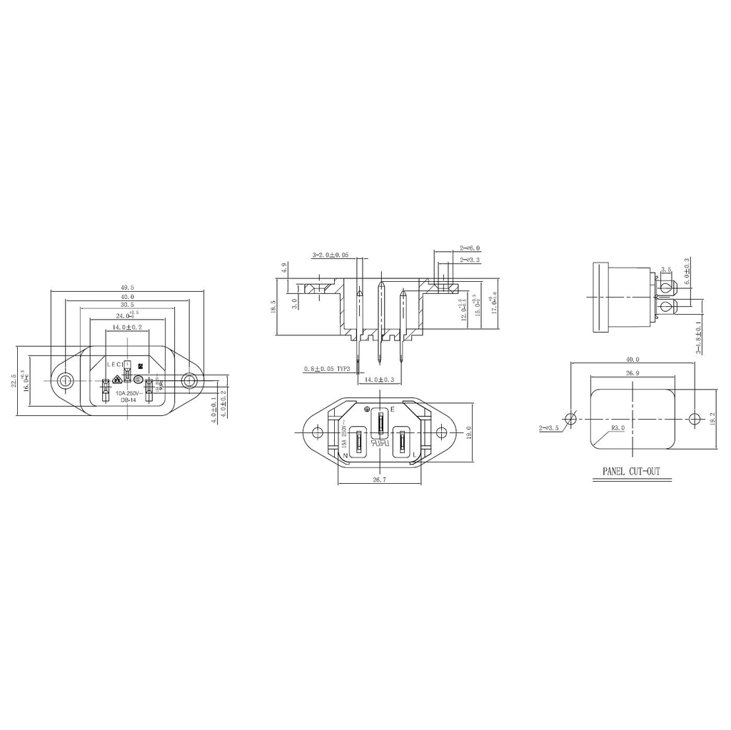IEC C14 Panel Mount AC Socket – 3-Pin, DB-14-1F-HW, 10A 250V