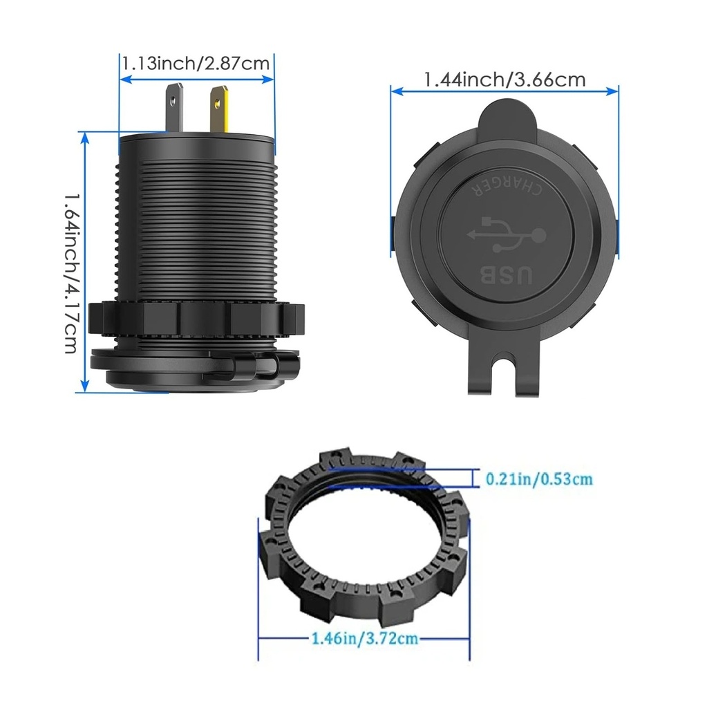 Dual USB QC 3.0 Charger Socket, 12V/24V, 36W, Water-Resistant with Power Switch