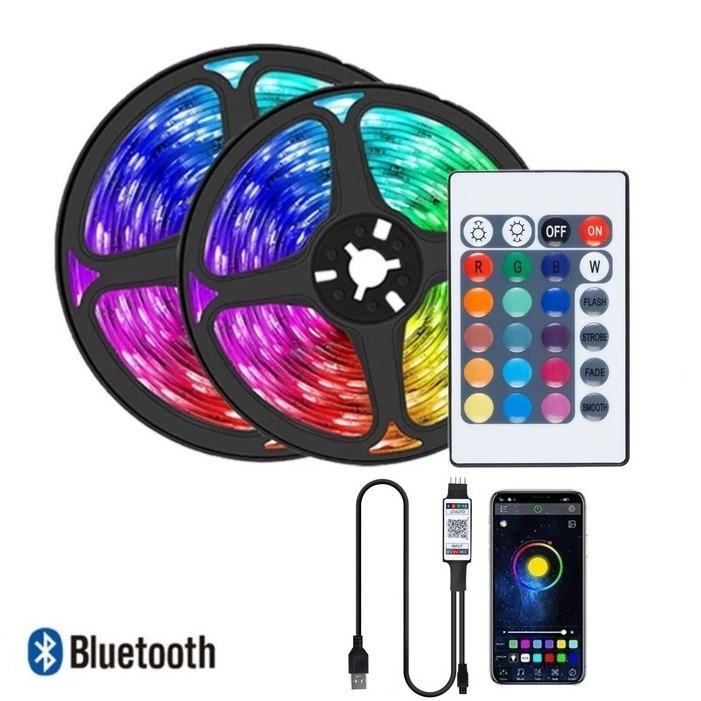 RGB LED-nauha kaukosäätimellä ja Bluetooth-mobiiliohjauksella (10m)