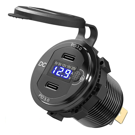 90W Dual PD USB-C Car Charger Socket with LED Voltmeter, Fast Charging for 12-24V Vehicles, Marine, RV, Motorcycle