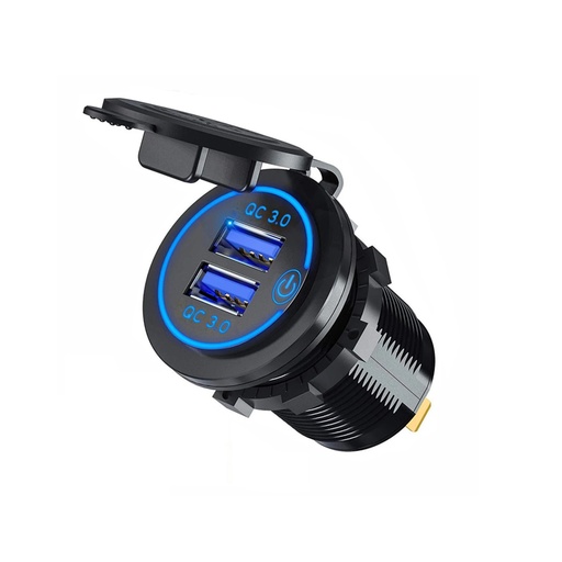 Dobbelt USB QC 3.0 opladerstik, 12V/24V, 36W, vandafvisende med tænd/sluk-knap